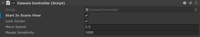 Screenshot of Camera Controller component editor with Start in Scene View checked