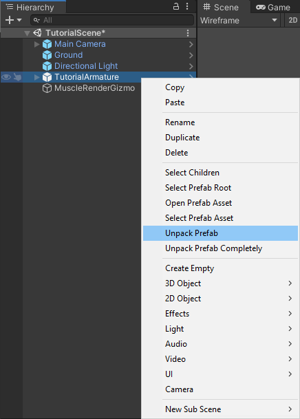 Screenshot of Hierarchy object context menu
